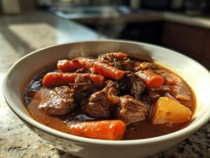 Close-up of a white bowl filled with hot, rich crockpot beef stew featuring tender beef chunks, bright carrots, and potatoes.