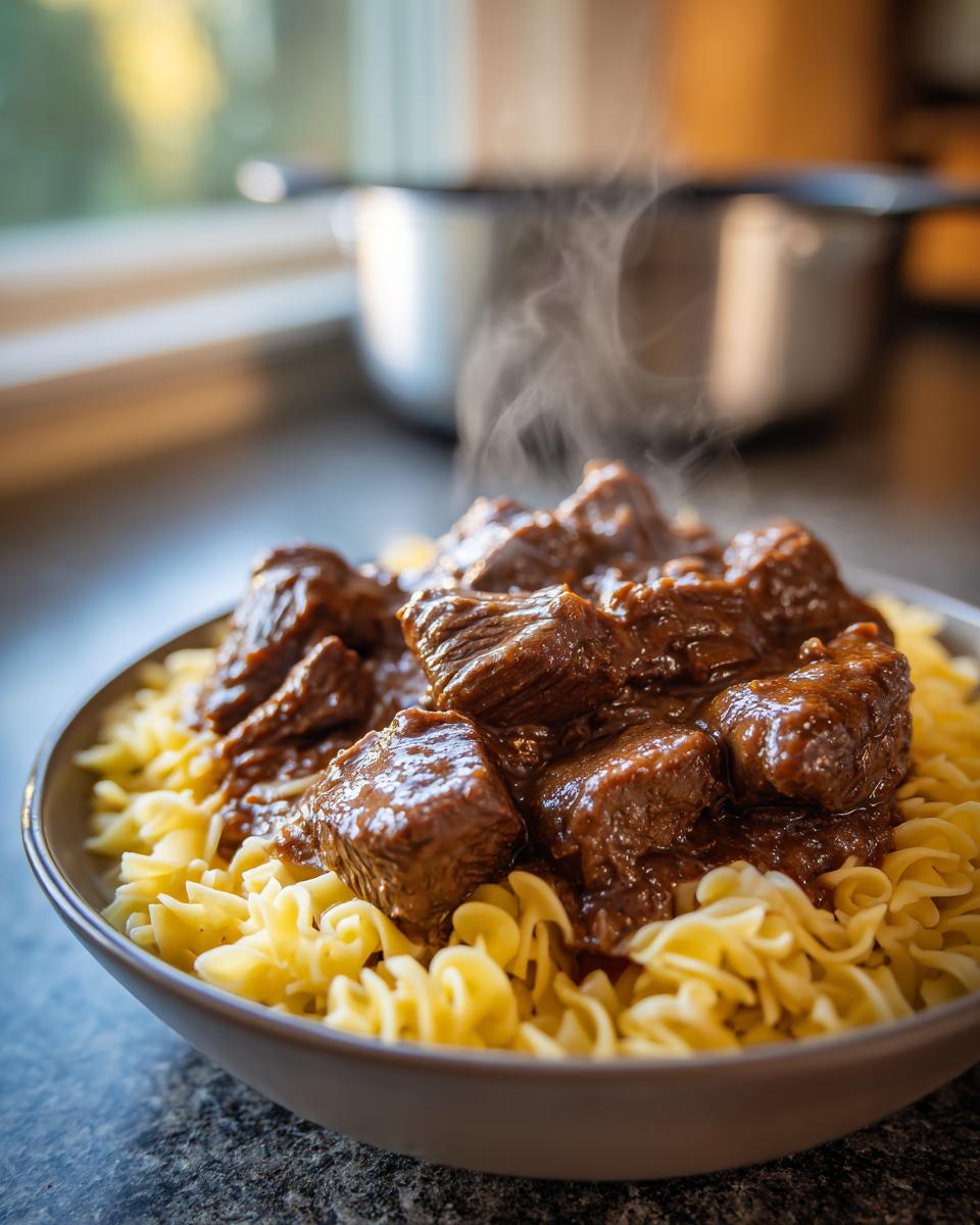 Close-up of tender crockpot beef tips covered in rich gravy, served over a bed of steaming egg noodles.