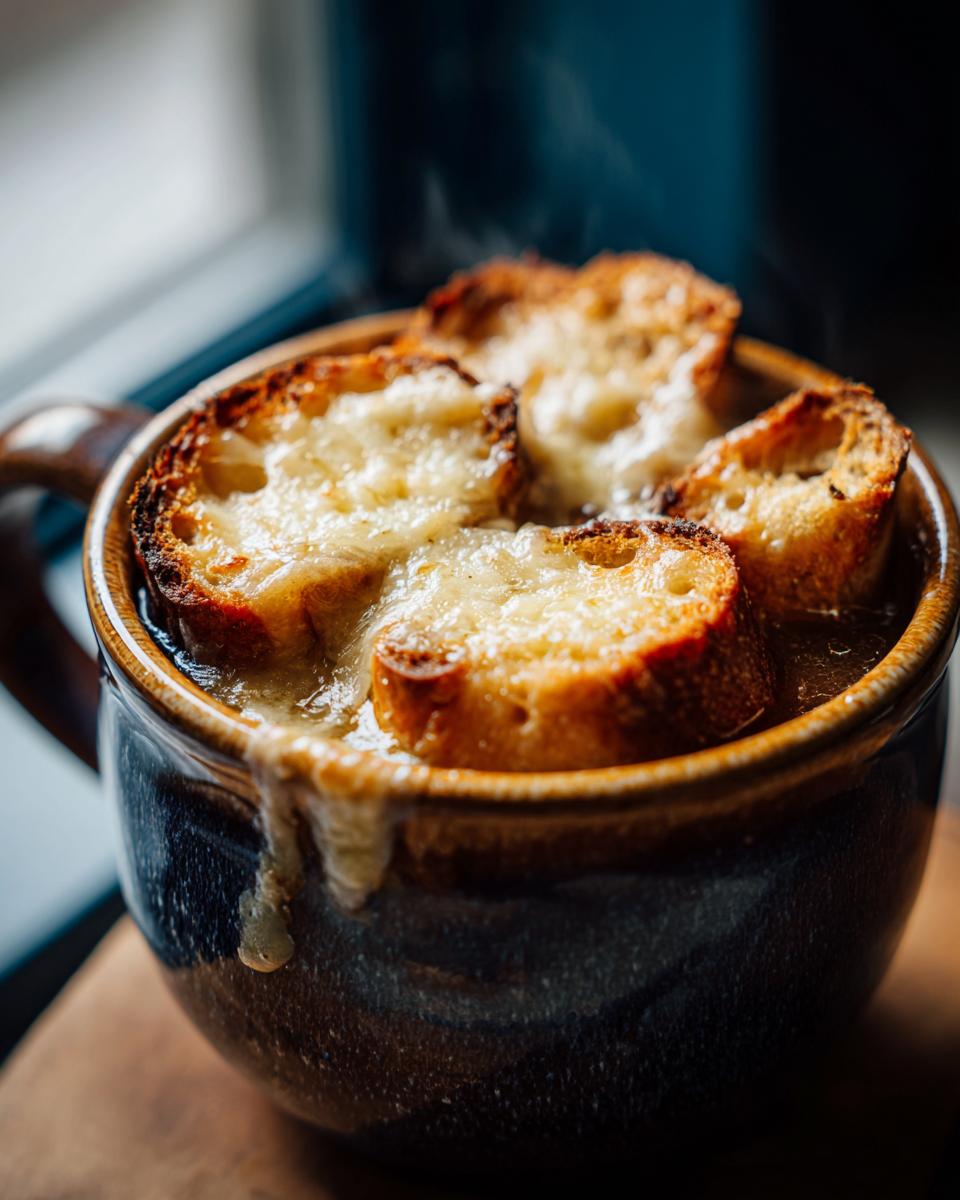Close-up of a steaming bowl of french onion soup recipe topped with toasted bread and melted Gruyère cheese.