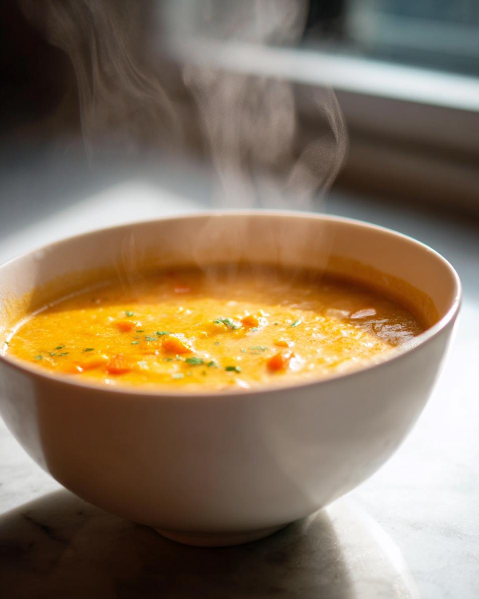 A close-up of a steaming white bowl filled with bright orange, hearty cheese soup garnished with herbs.