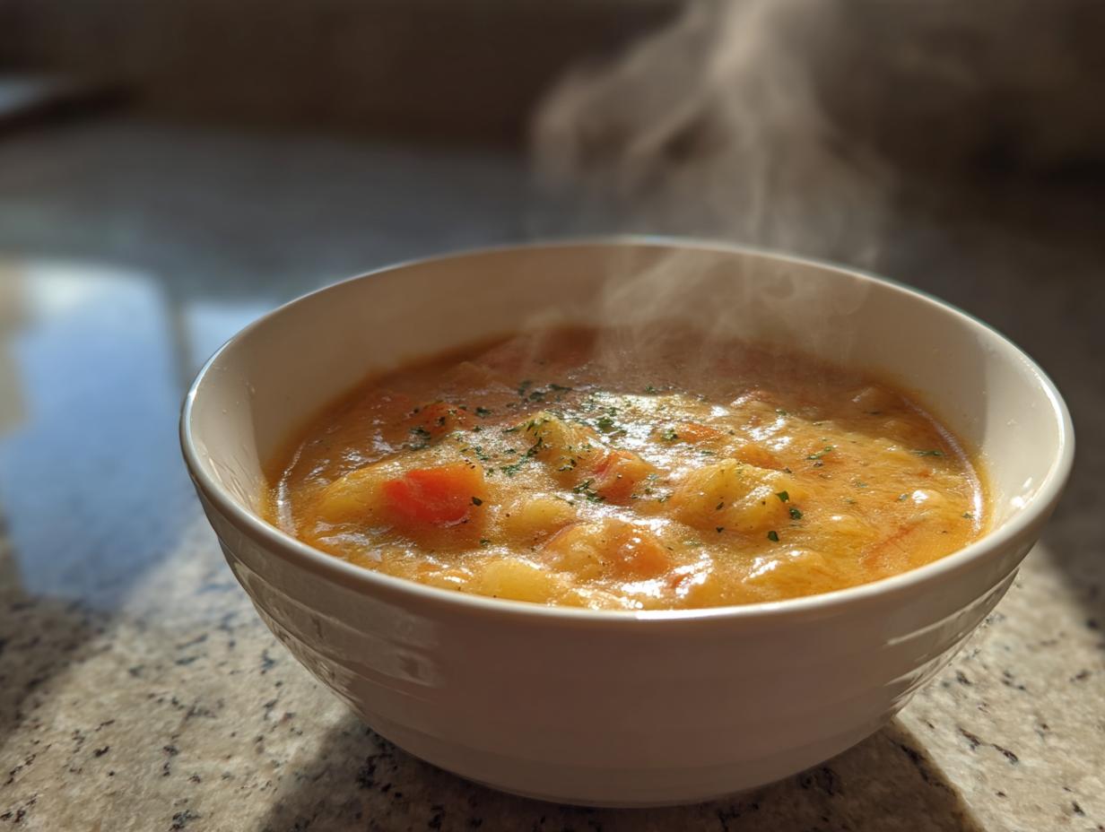 A close-up of a steaming white bowl filled with hearty cheese soup containing visible chunks of potatoes and carrots.