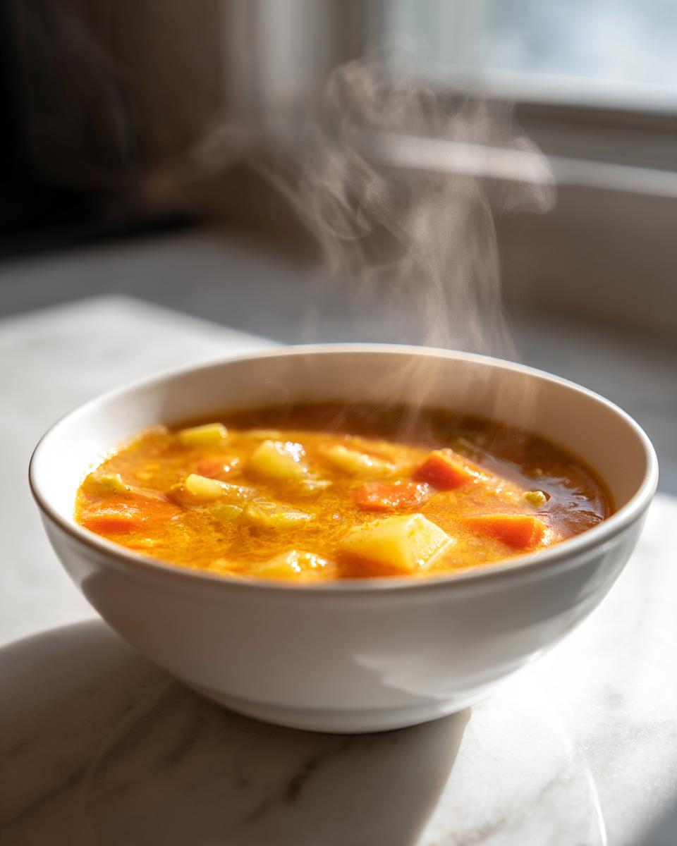 A white bowl filled with steaming, hearty cheese soup containing visible chunks of potatoes and carrots.