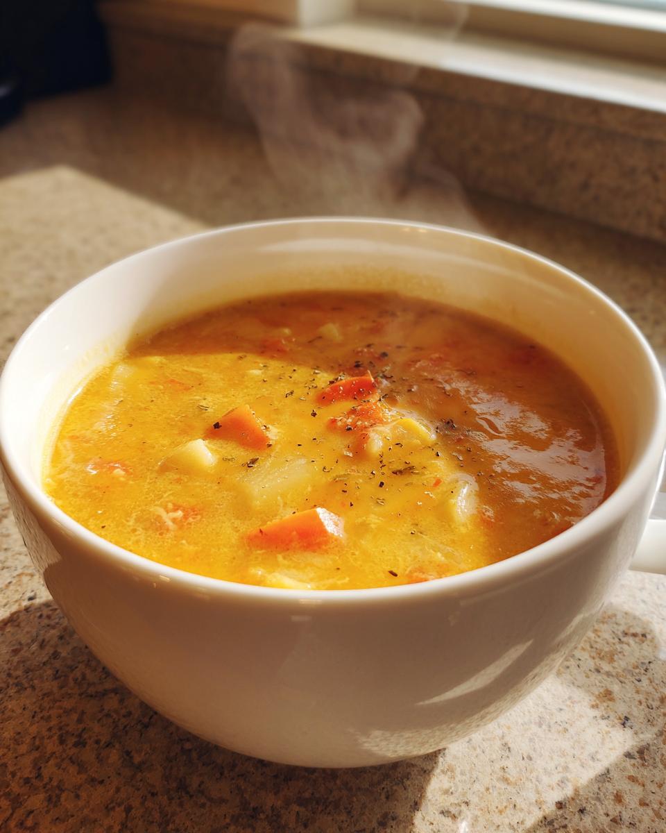 Close-up of a steaming white bowl filled with hearty, orange-colored cheese soup containing visible chunks of carrots and potatoes.