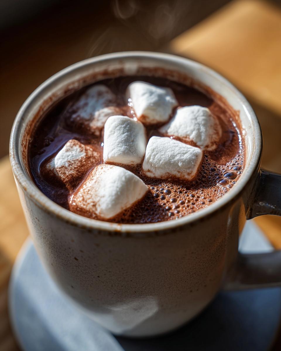 Close-up of steaming homemade hot cocoa topped with fluffy white marshmallows in a rustic mug.