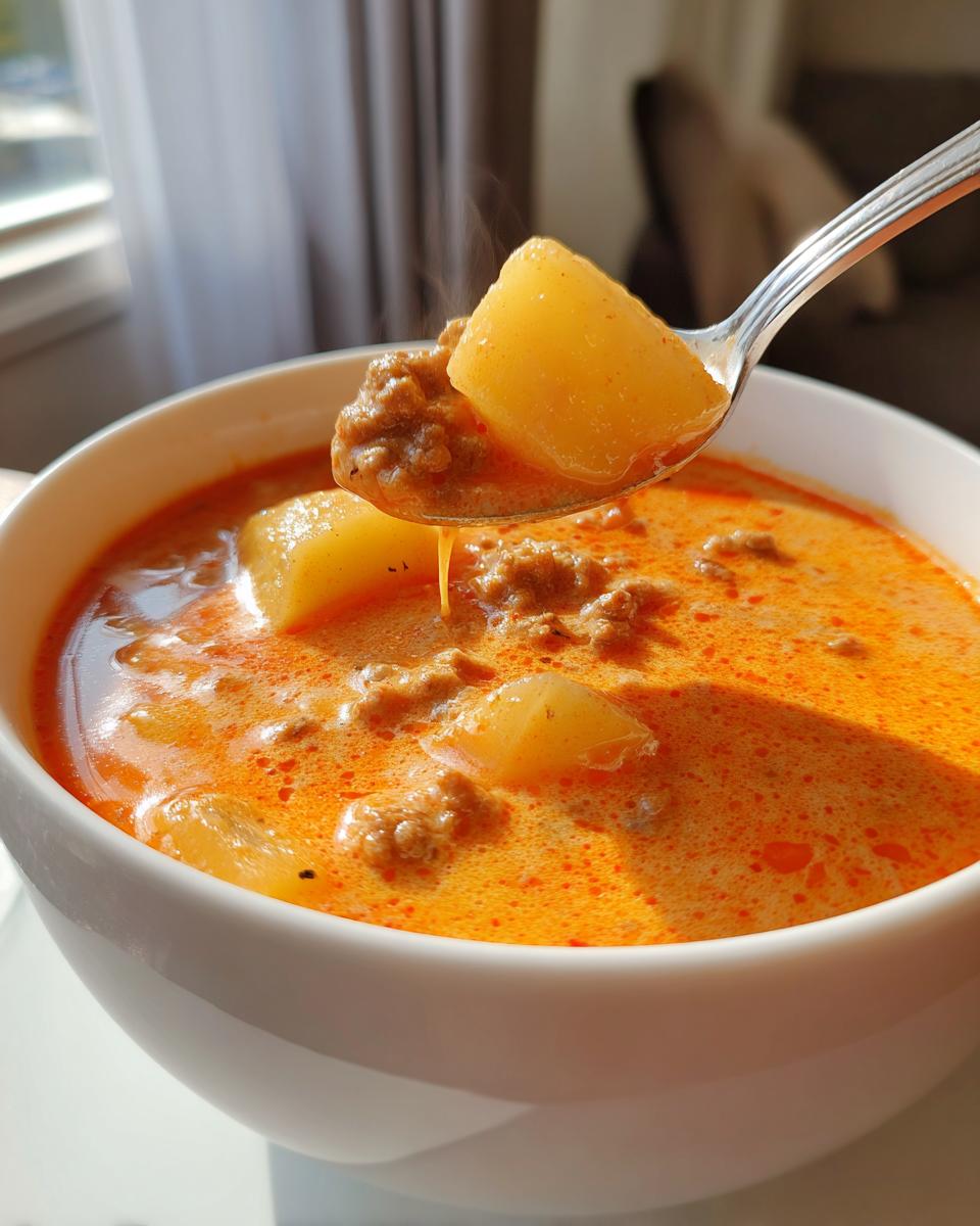 A spoonful of hot cheeseburger soup, showing ground beef and a large piece of potato being lifted from the creamy orange broth.