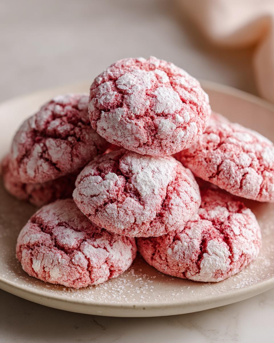 A stack of bright pink, crinkle-topped strawberry cake mix cookies dusted heavily with powdered sugar.