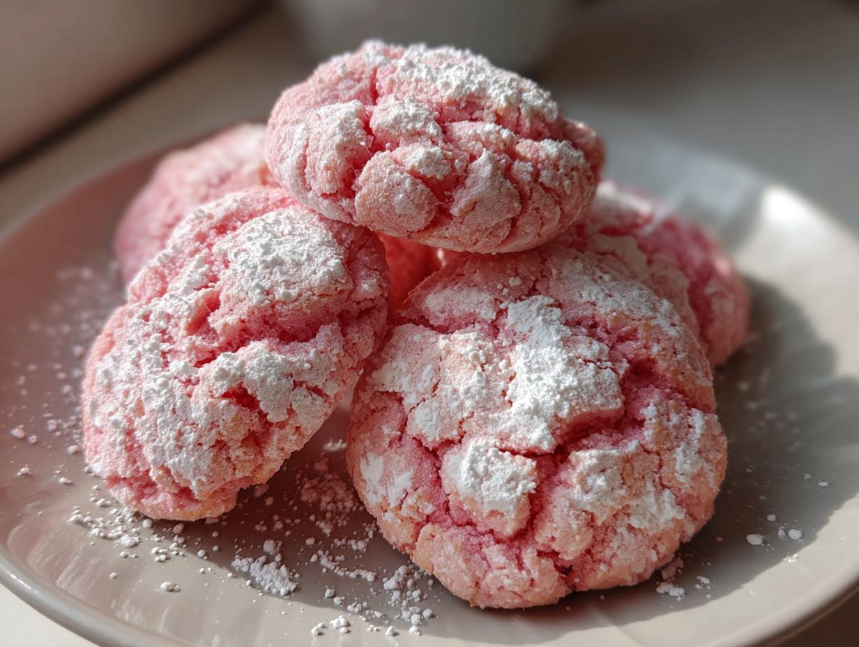 Close-up of several bright pink strawberry cake mix cookies heavily coated in cracked powdered sugar on a light plate.
