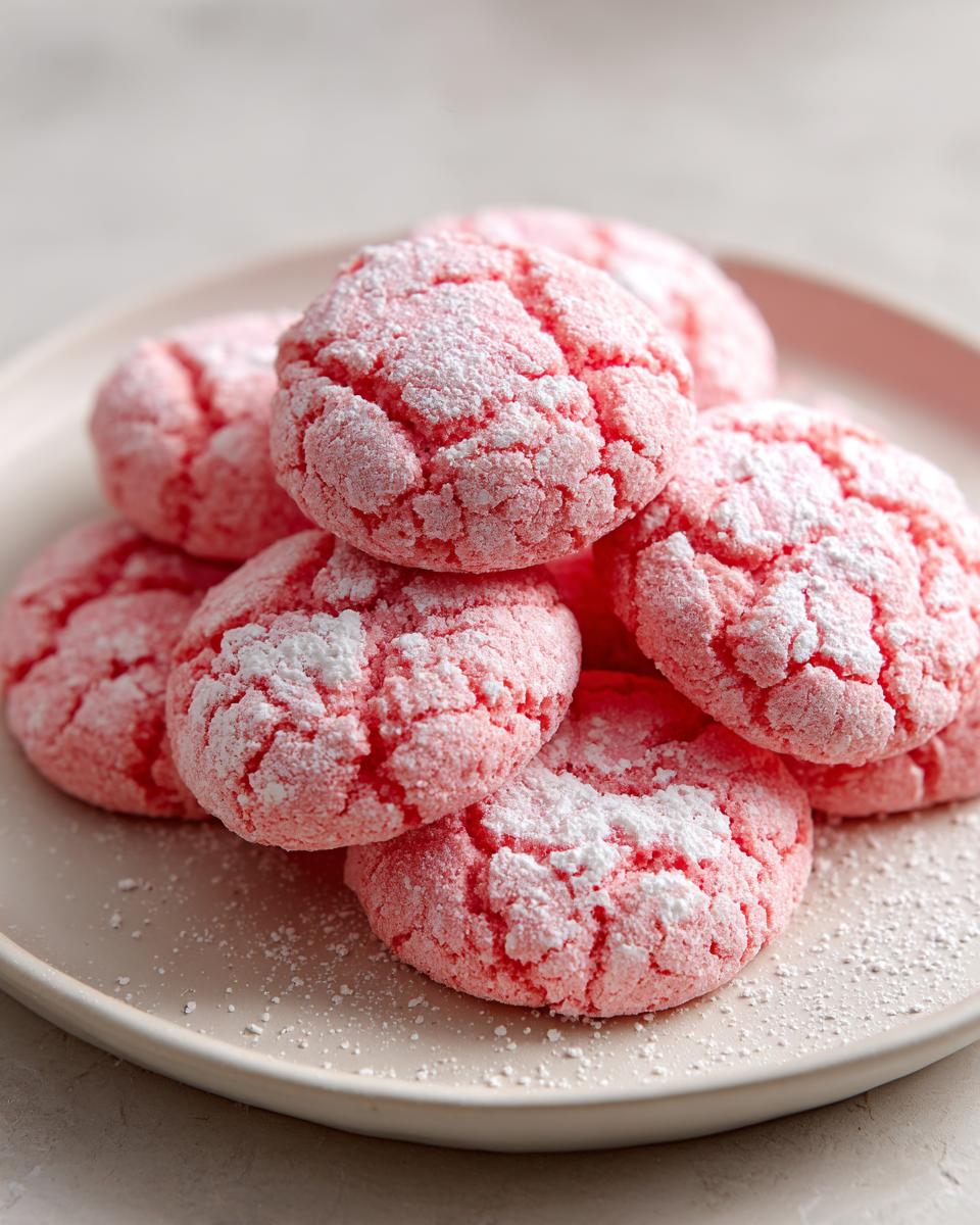 A stack of bright pink strawberry cake mix cookies coated in cracked powdered sugar on a light plate.