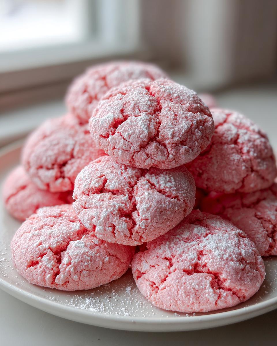 A stack of bright pink, crinkle-top strawberry cake mix cookies dusted heavily with powdered sugar.