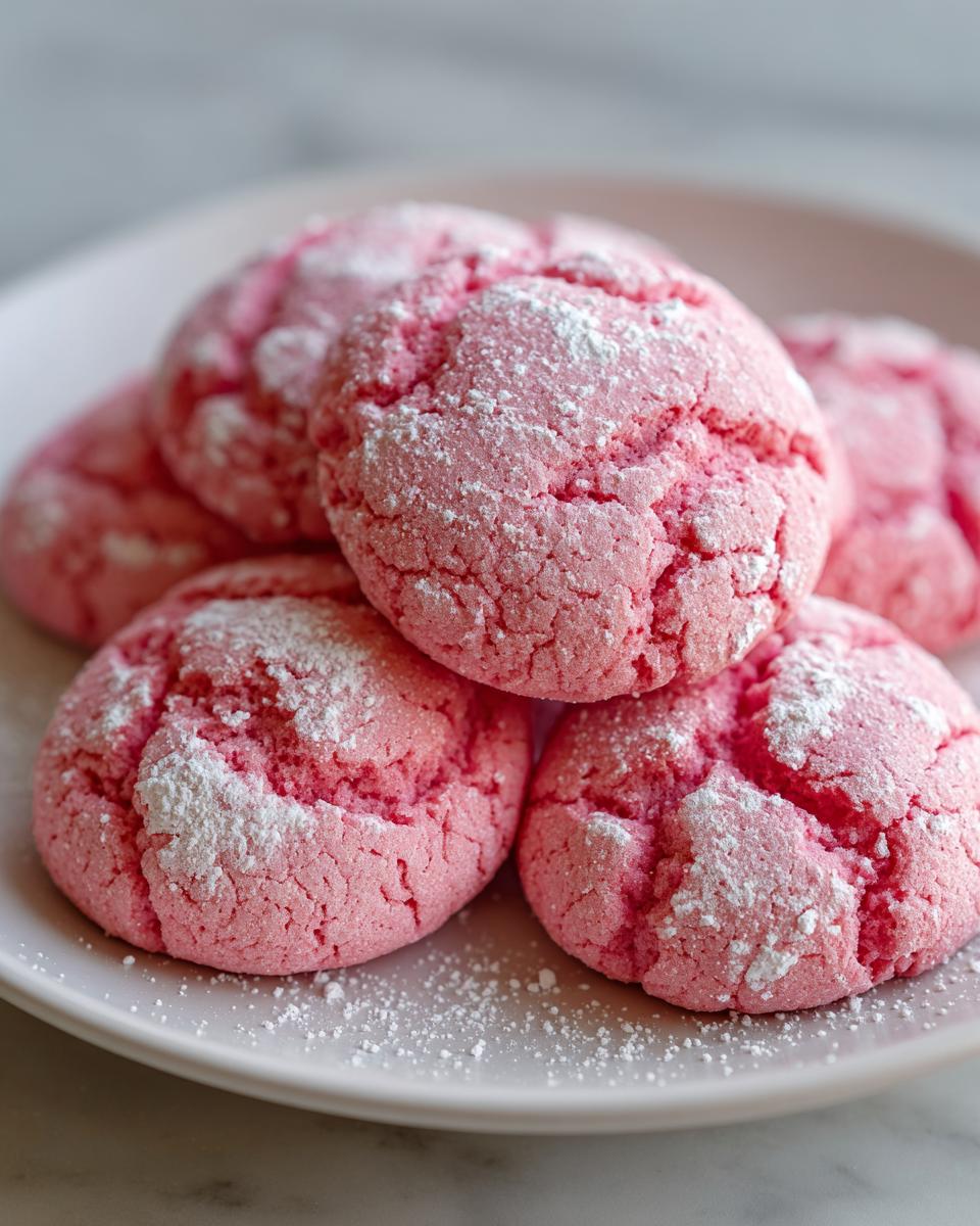 A stack of bright pink strawberry cake mix cookies dusted heavily with powdered sugar on a light plate.