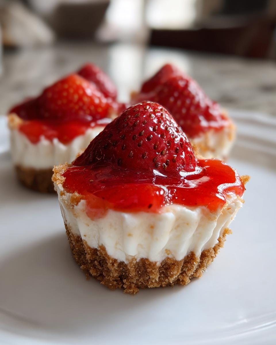 Close-up of one of the amazing 180-calorie cheesecake bites topped with strawberry glaze and a whole strawberry.