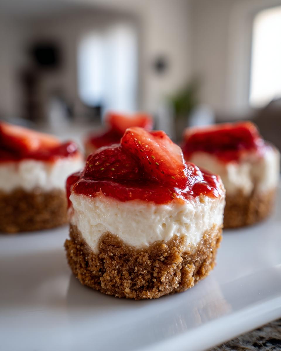 A close-up of one perfect strawberry cheesecake bite with a graham cracker crust and strawberry topping, with others blurred in the background.