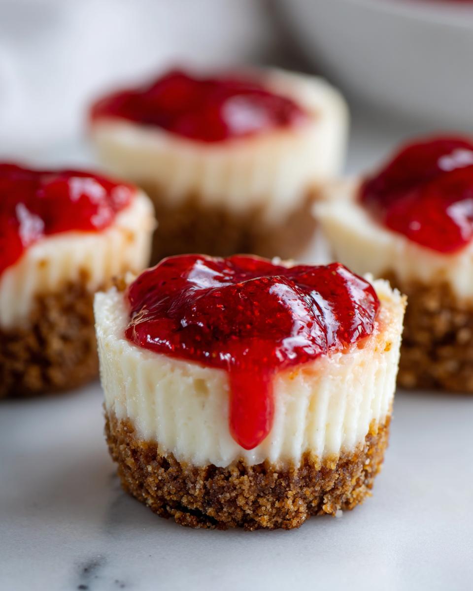 Close-up of a single mini cheesecake bite with a graham cracker crust and strawberry topping, part of a batch of cheesecake bites.