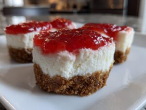 A close-up view of several individual strawberry cheesecake bites with graham cracker crusts resting on a white plate.