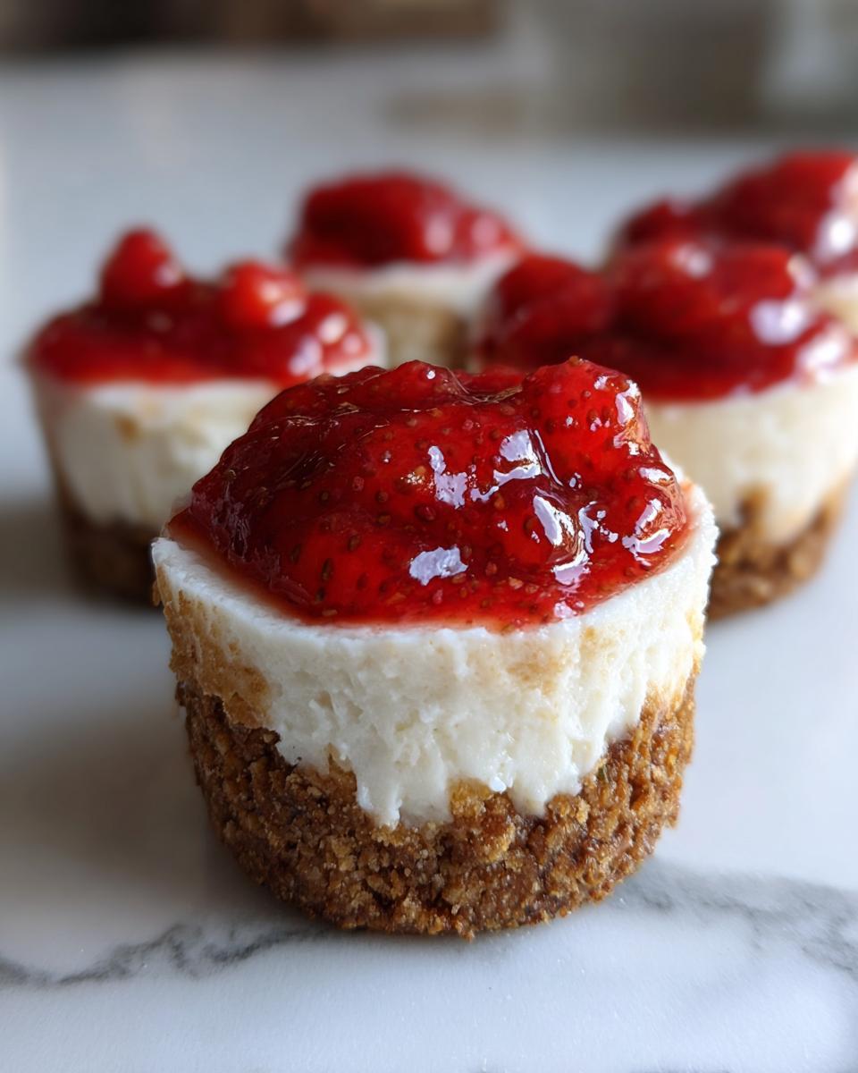 Close-up of one of the strawberry cheesecake bites with a thick graham cracker crust and glossy strawberry topping.