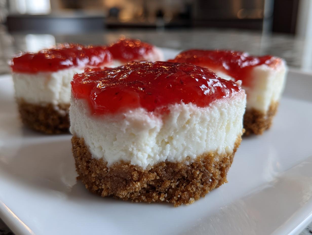 A close-up view of several individual strawberry cheesecake bites with graham cracker crusts resting on a white plate.