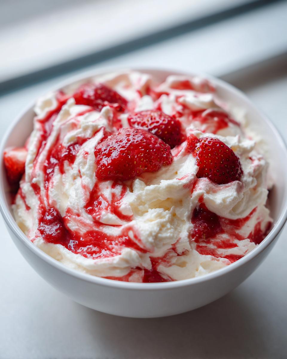 Close-up of a white bowl filled with creamy strawberry cheesecake dip, topped with whipped cream, strawberry sauce, and fresh strawberries.