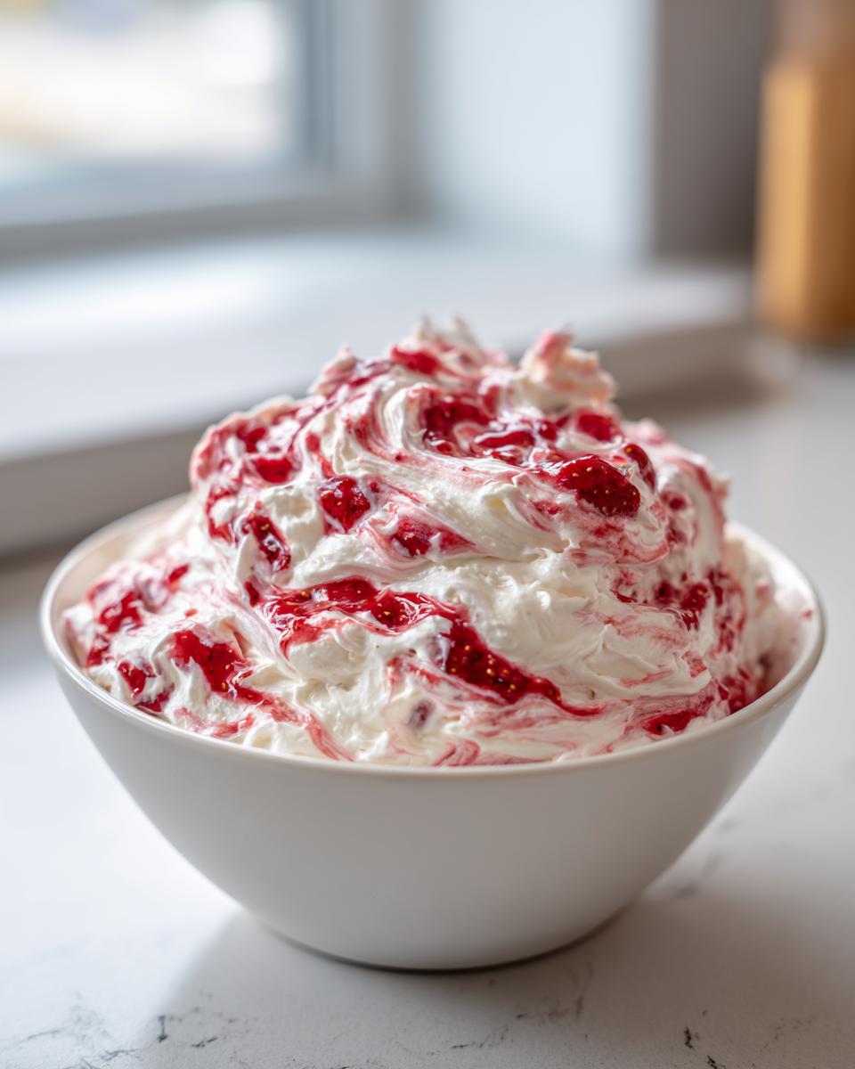 A white bowl filled with creamy, swirled strawberry cheesecake dip topped with bright red strawberry sauce.