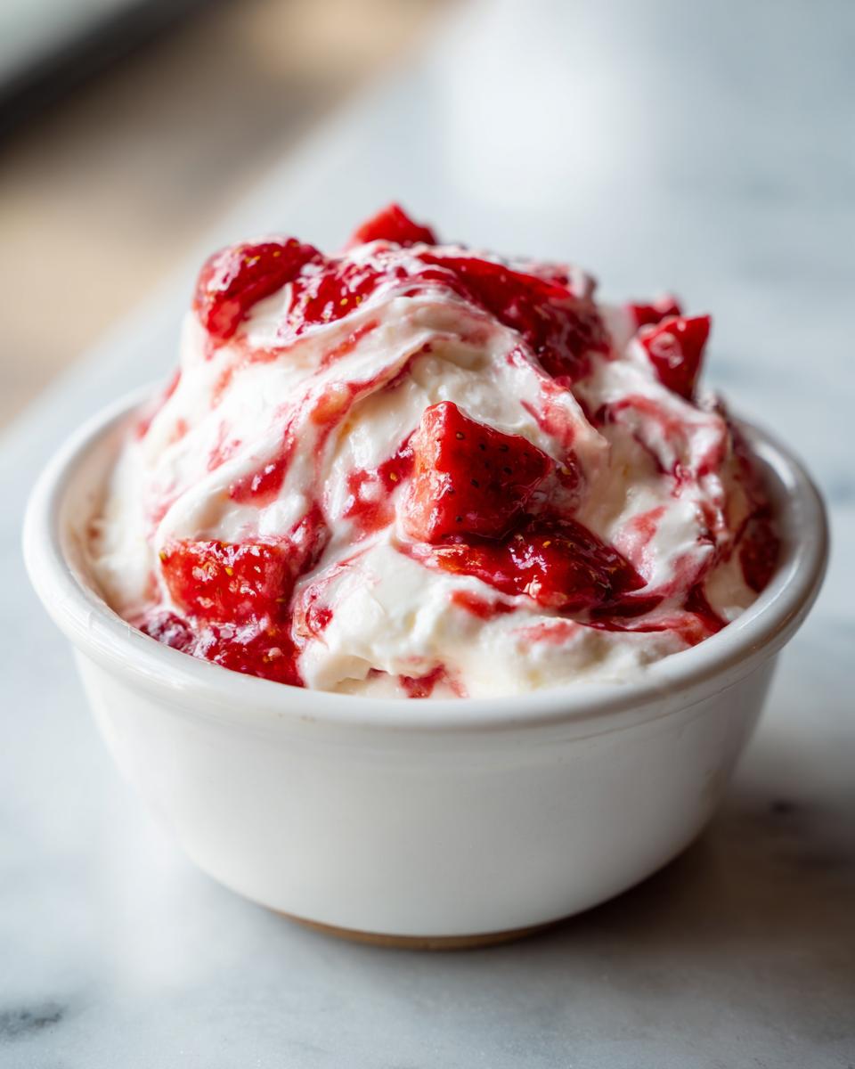 Close-up of a white bowl filled with creamy strawberry cheesecake dip topped with fresh strawberry pieces and sauce.