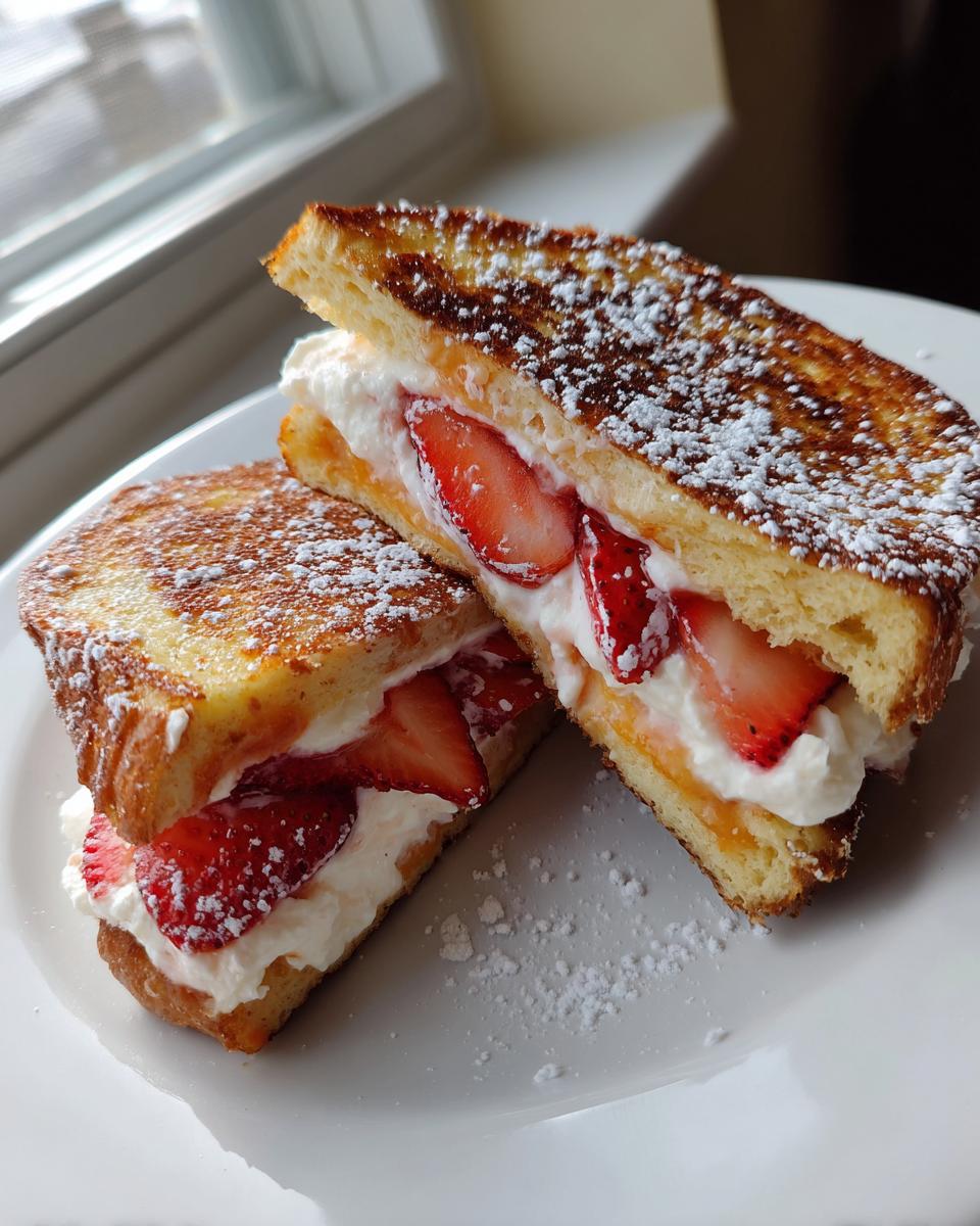 Two halves of rich stuffed french toast filled with cream cheese, sliced strawberries, and dusted with powdered sugar.
