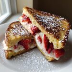 Two halves of golden brown stuffed french toast filled with cream cheese and fresh strawberries, dusted with powdered sugar.