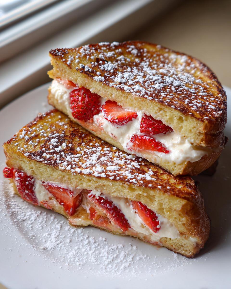 Two halves of stuffed french toast filled with cream cheese and fresh strawberries, dusted with powdered sugar.