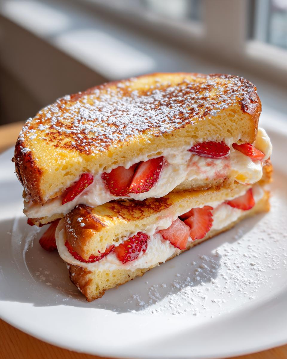 Two halves of strawberry cream stuffed french toast stacked on a white plate, dusted with powdered sugar.