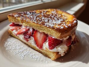 Close-up of a thick slice of stuffed french toast filled with cream cheese and fresh strawberries, dusted with powdered sugar.