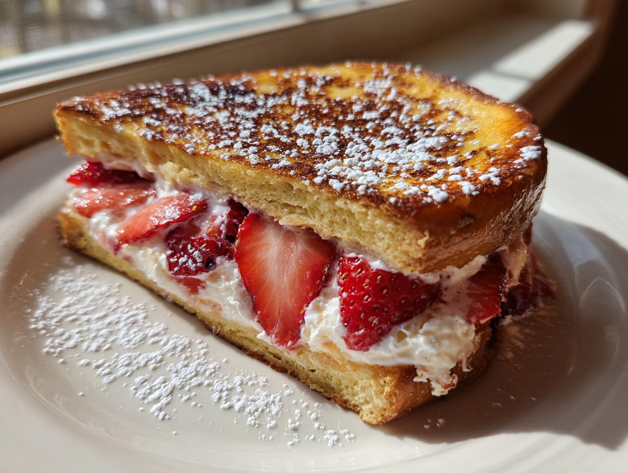 Close-up of a thick slice of stuffed french toast filled with cream cheese and fresh strawberries, dusted with powdered sugar.