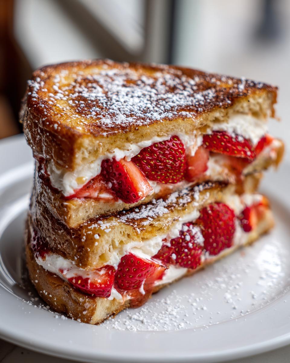 A tall stack of strawberry stuffed french toast filled with cream and topped with powdered sugar.