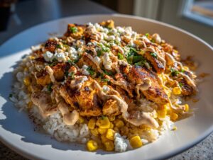 A vibrant street corn chicken rice bowl featuring seasoned chicken, white rice, corn, cotija cheese, and a creamy sauce.