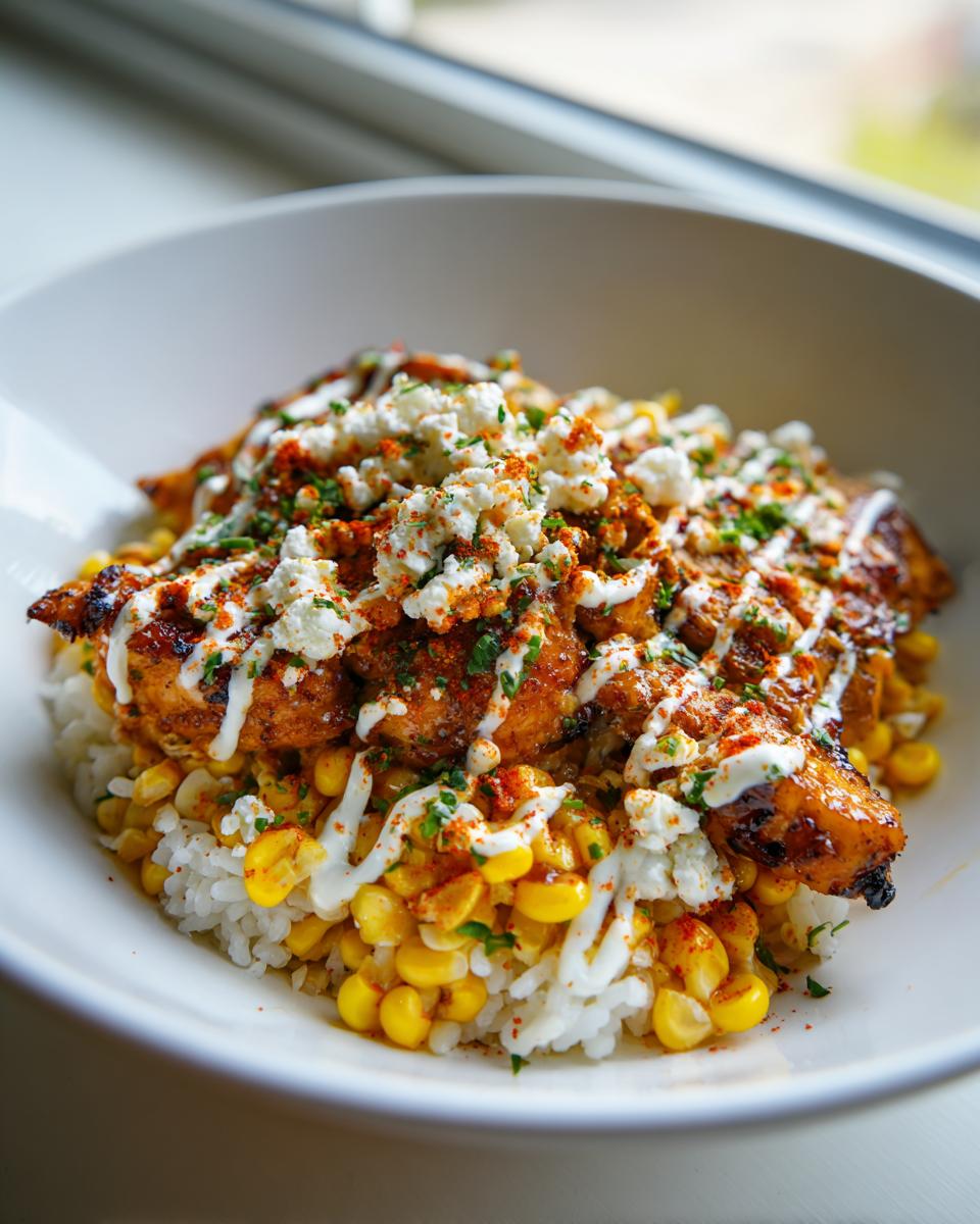 A vibrant street corn chicken rice bowl featuring seasoned chicken, bright yellow corn, white rice, crumbled cheese, and a drizzle of crema.