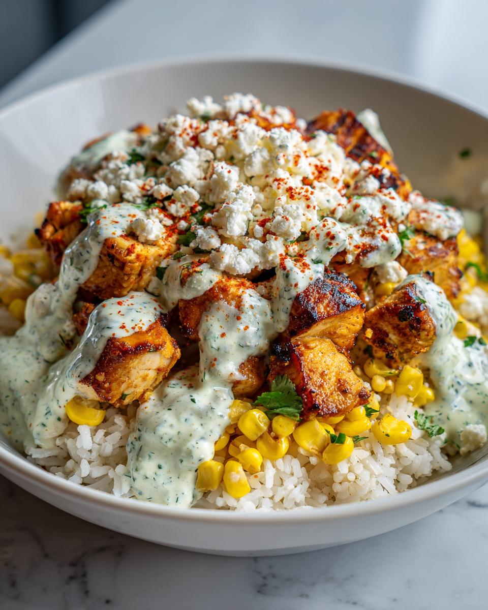 A close-up of a vibrant street corn chicken rice bowl topped with crumbled cheese, creamy sauce, and paprika.