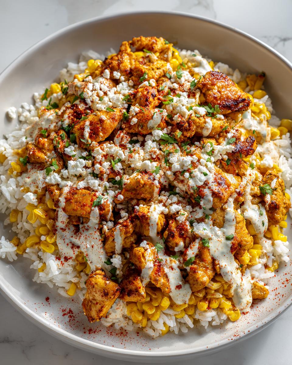 A close-up of a street corn chicken rice bowl topped with crumbled cheese, creamy sauce, and paprika.