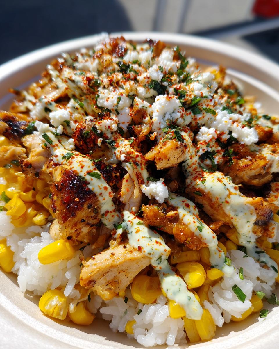 Close-up of a street corn chicken rice bowl featuring seasoned chicken, white rice, corn, creamy sauce, cotija cheese, and chili powder.
