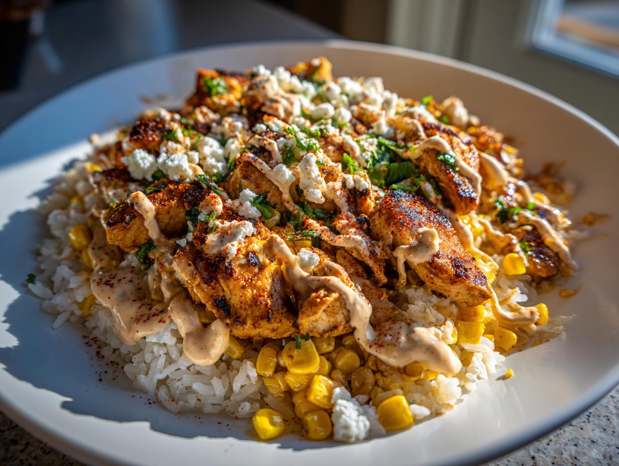 A vibrant street corn chicken rice bowl featuring seasoned chicken, white rice, corn, cotija cheese, and a creamy sauce.