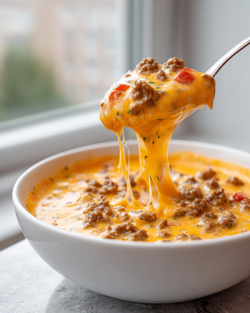 A spoonful of hot, cheesy rotel dip with ground beef is lifted from a white bowl, showing a dramatic cheese pull.
