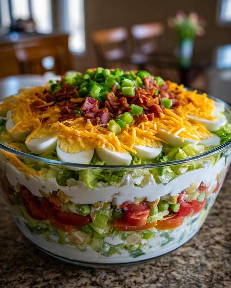 A tall, layered 7 layer salad in a clear glass bowl, topped with eggs, cheese, bacon, and green onions.