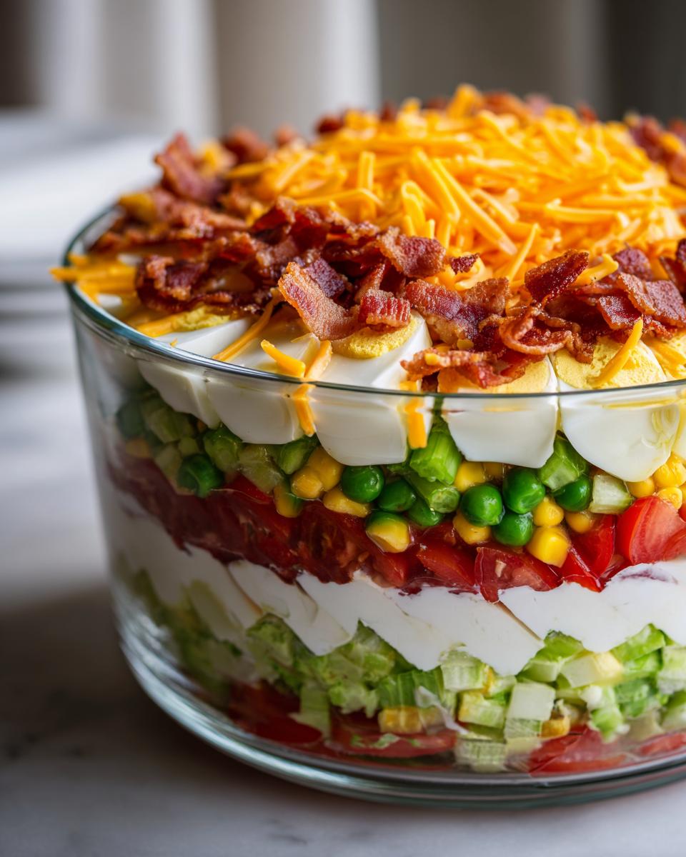 Close-up of a vibrant 7 layer salad showcasing distinct layers of lettuce, tomatoes, dressing, vegetables, eggs, cheese, and bacon.