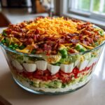 A tall, layered 7 layer salad displayed beautifully in a clear glass bowl, topped with bacon and cheese.