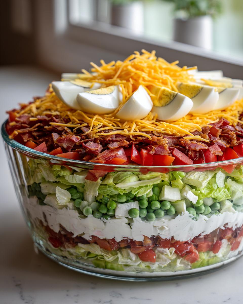 A clear glass bowl filled with a vibrant 7 layer salad, topped with eggs, cheese, and bacon.