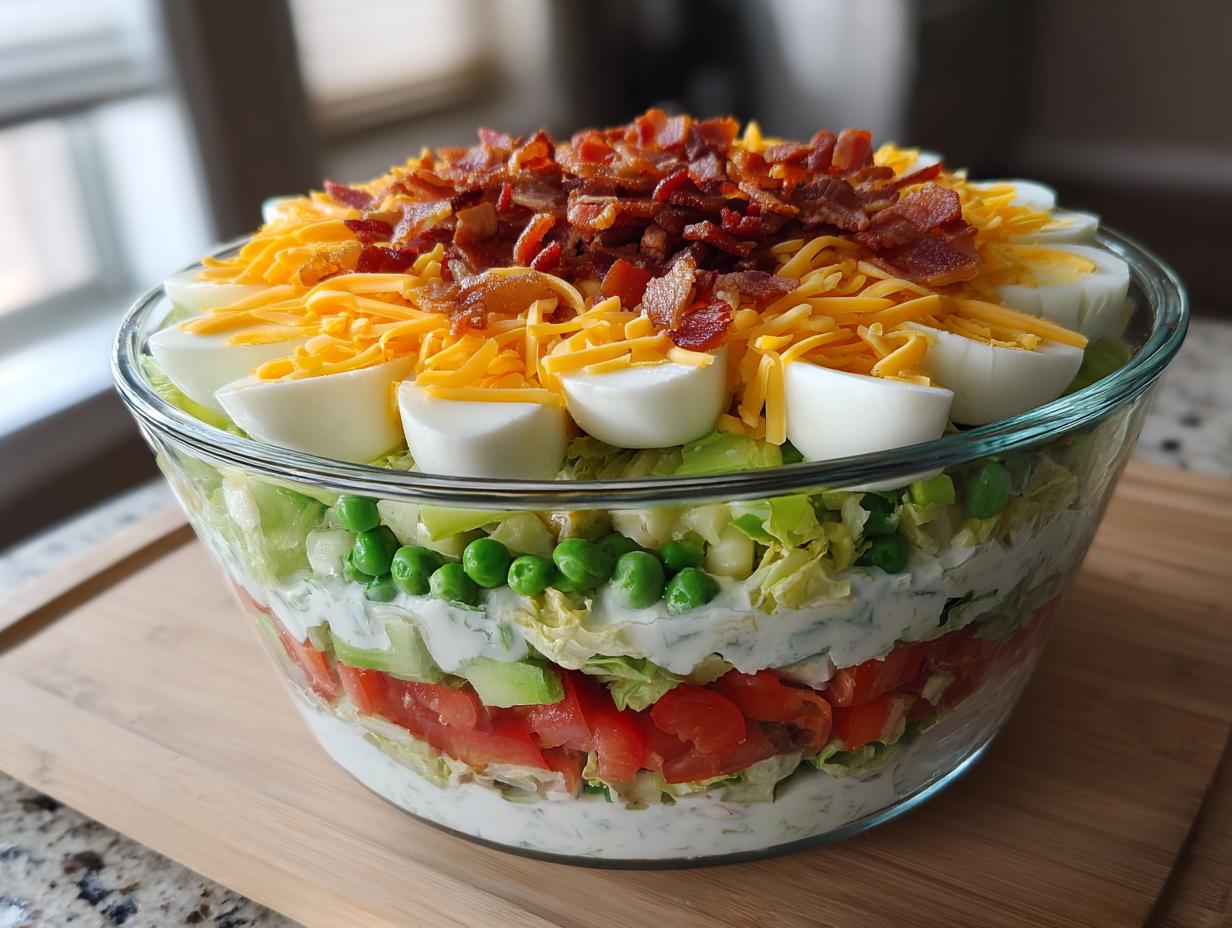 A beautiful, layered 7 layer salad displayed in a clear glass bowl, topped with bacon, cheese, and eggs.