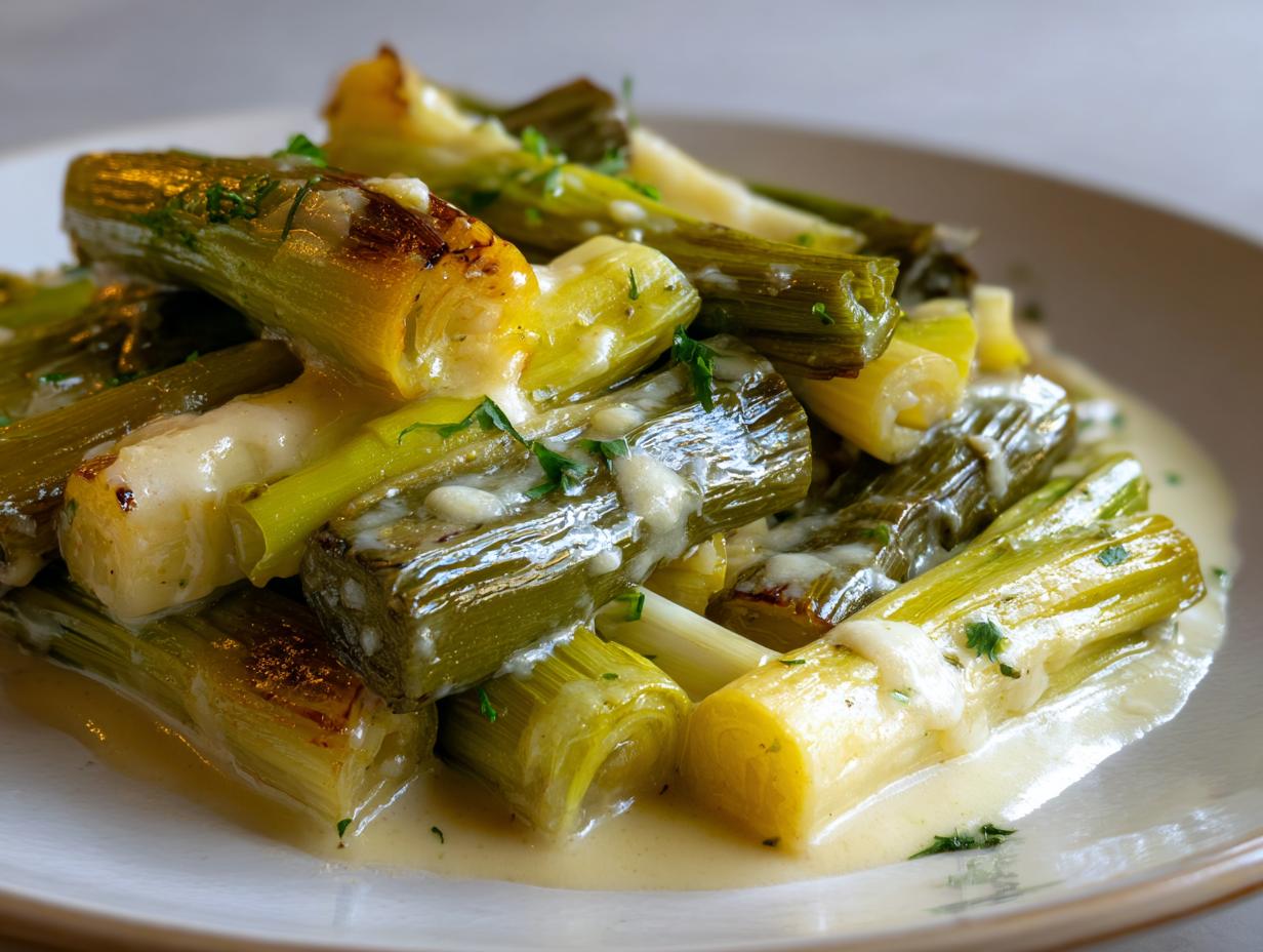 Close-up of tender braised leeks covered in a creamy white sauce and garnished with fresh herbs.
