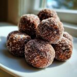 A close-up stack of rich, dark bourbon balls heavily coated in granulated sugar, sitting on a white plate.