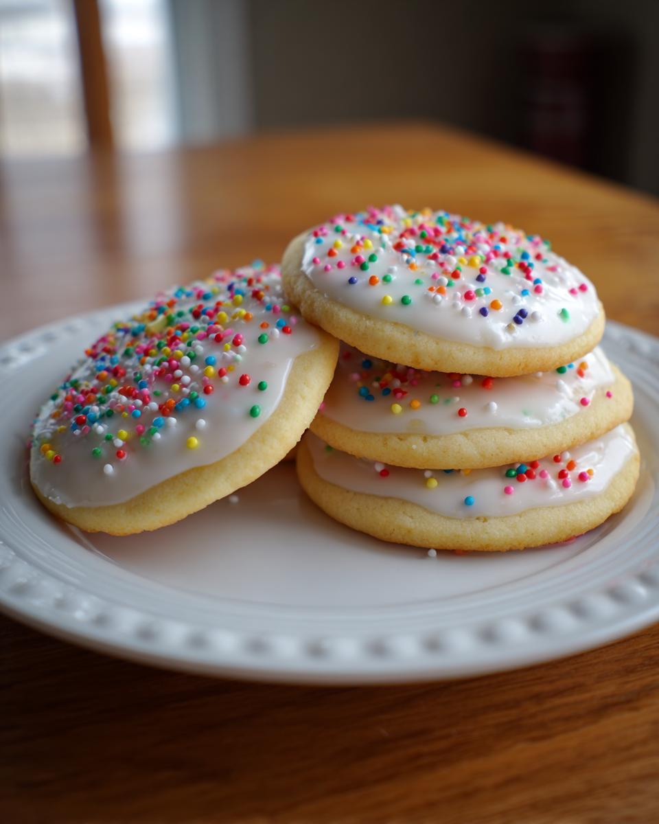Four sugar cookies stacked on a white plate, topped with smooth white sugar cookie icing and colorful sprinkles.
