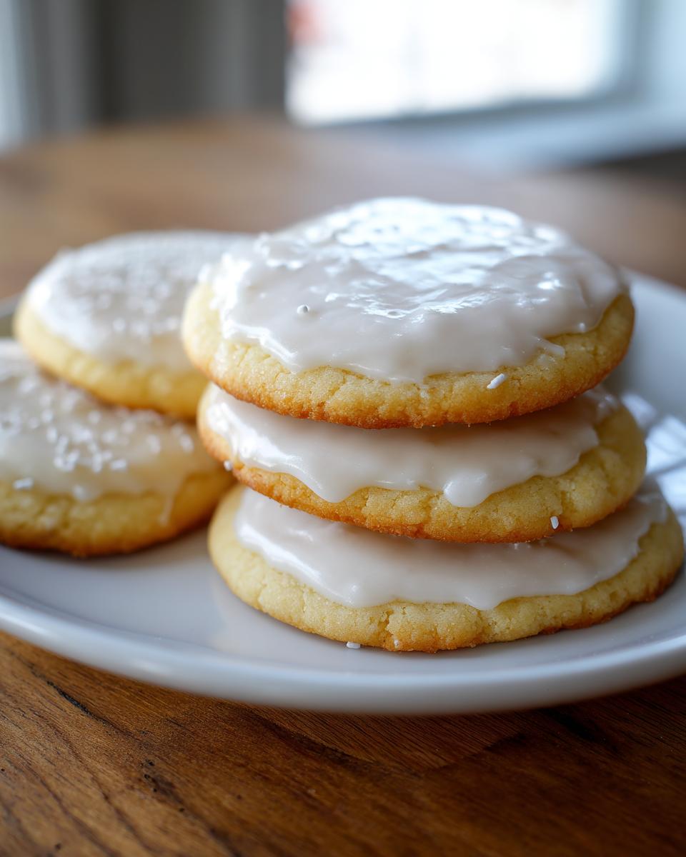 A stack of soft sugar cookies topped with thick, white sugar cookie icing on a white plate.