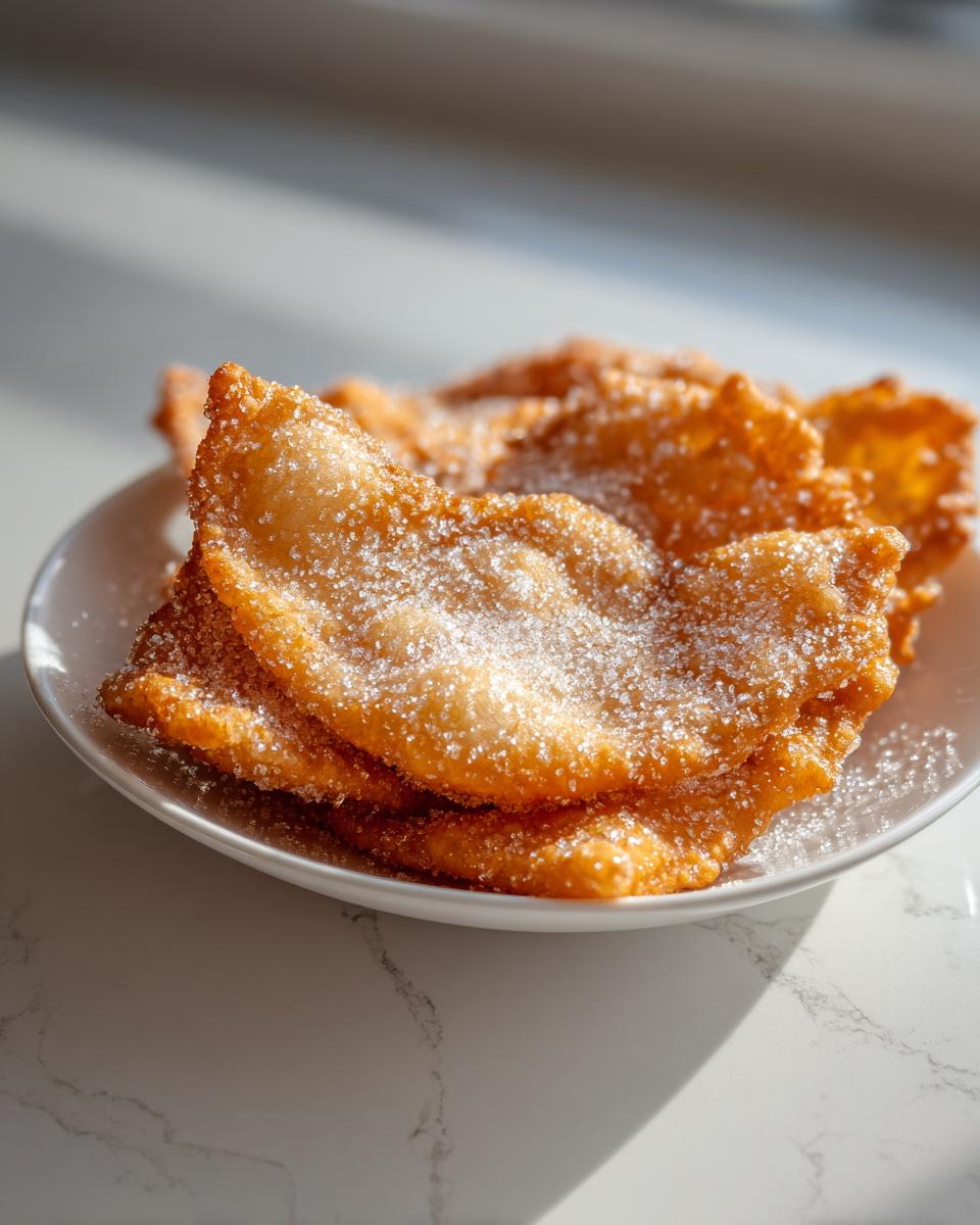 A stack of golden brown, crispy buñuelos generously dusted with granulated sugar, served on a white plate.