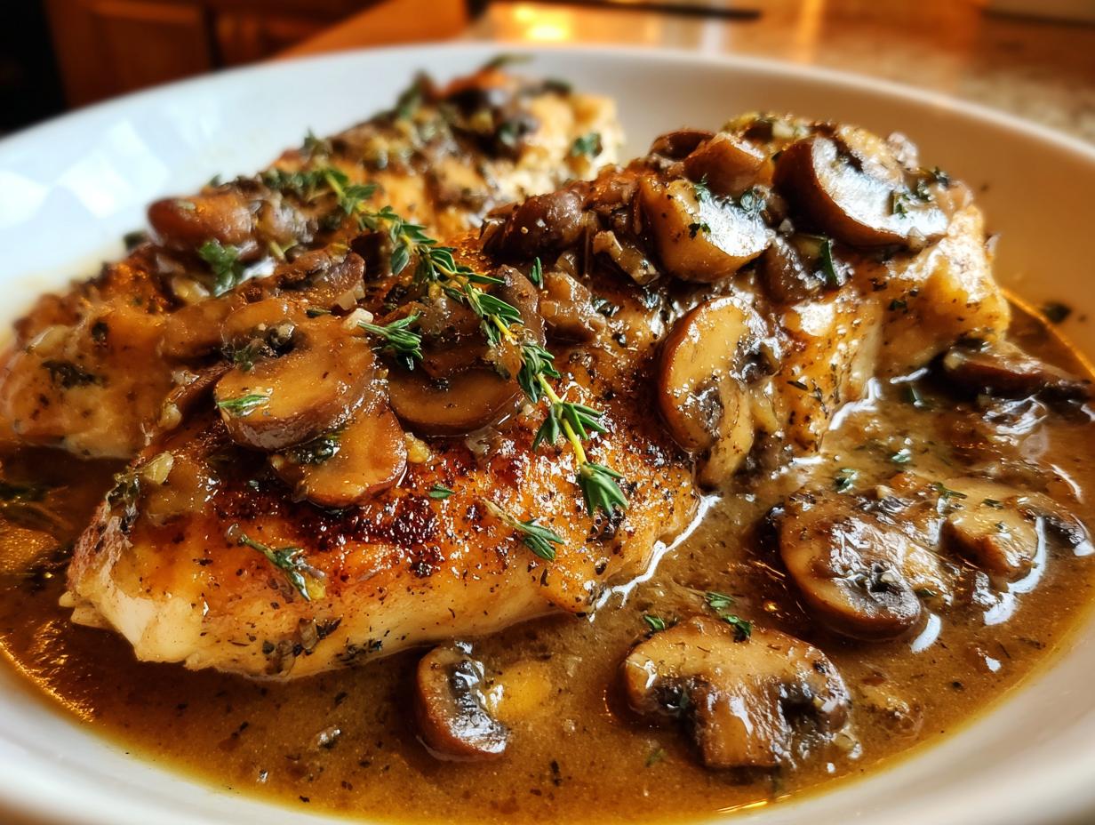 Two golden-brown chicken breasts smothered in a rich brown sauce filled with sliced mushrooms, garnished with fresh thyme, making a superb chicken marsala.