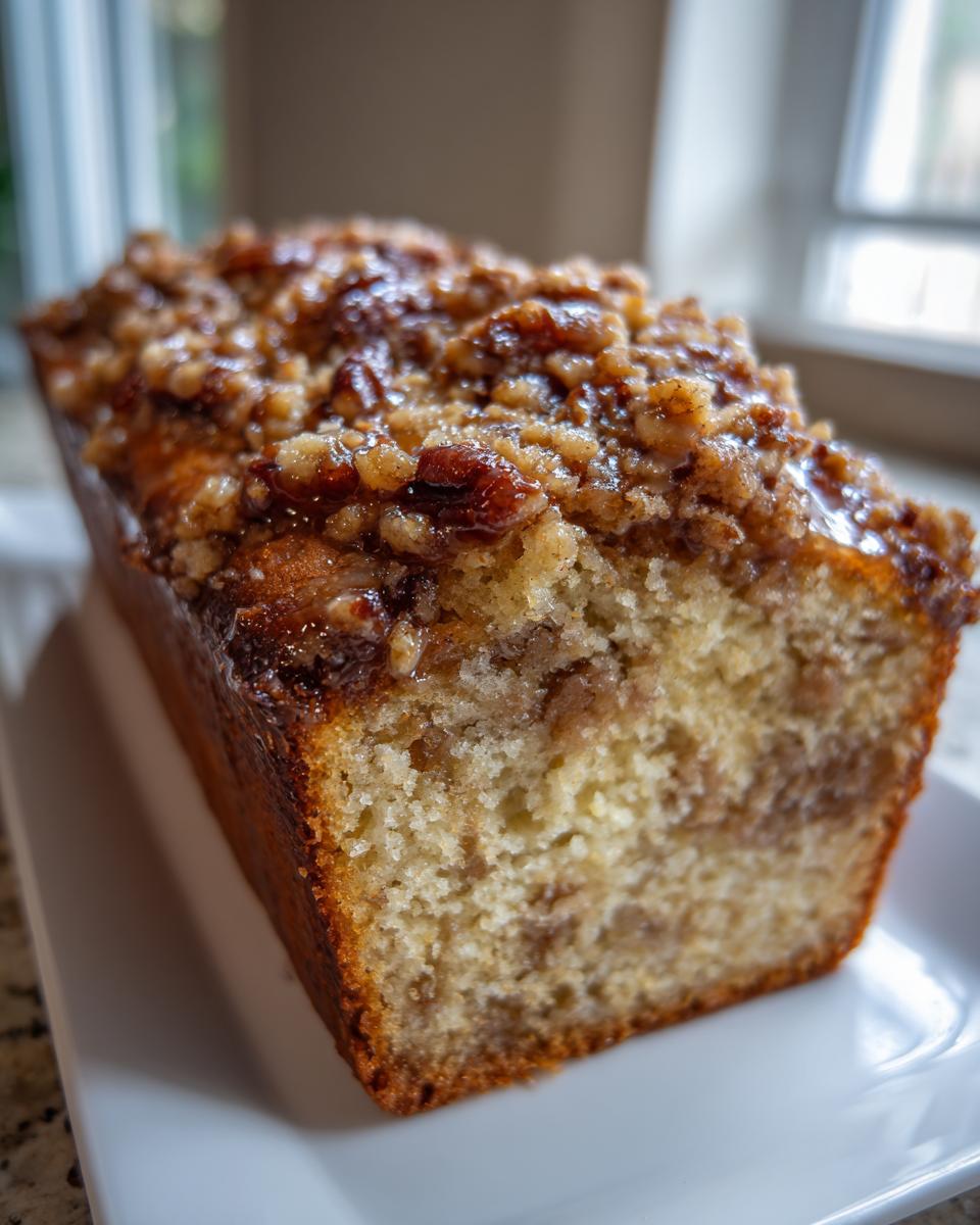 A freshly baked loaf of Sweet Alabama Pecan Bread with a thick, glossy pecan streusel topping, showing a moist crumb.