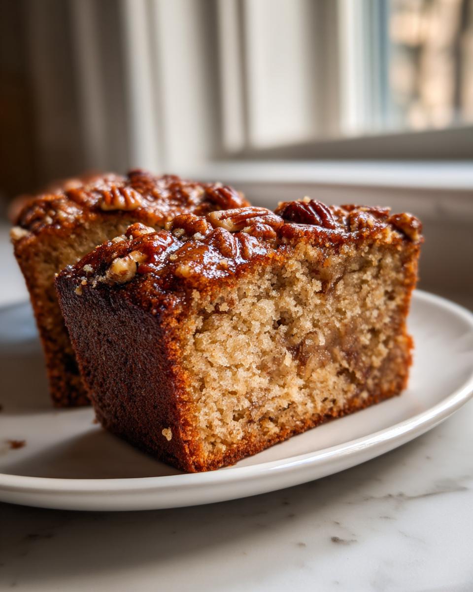 Close-up of two slices of moist sweet Alabama pecan bread topped with a sticky pecan glaze.
